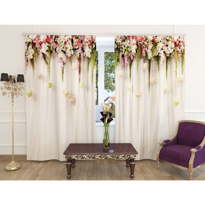 Фотошторы "Цветочный верх 2", ширина 150 см, высота 260 см, 2 шт, шторная лента, габардин