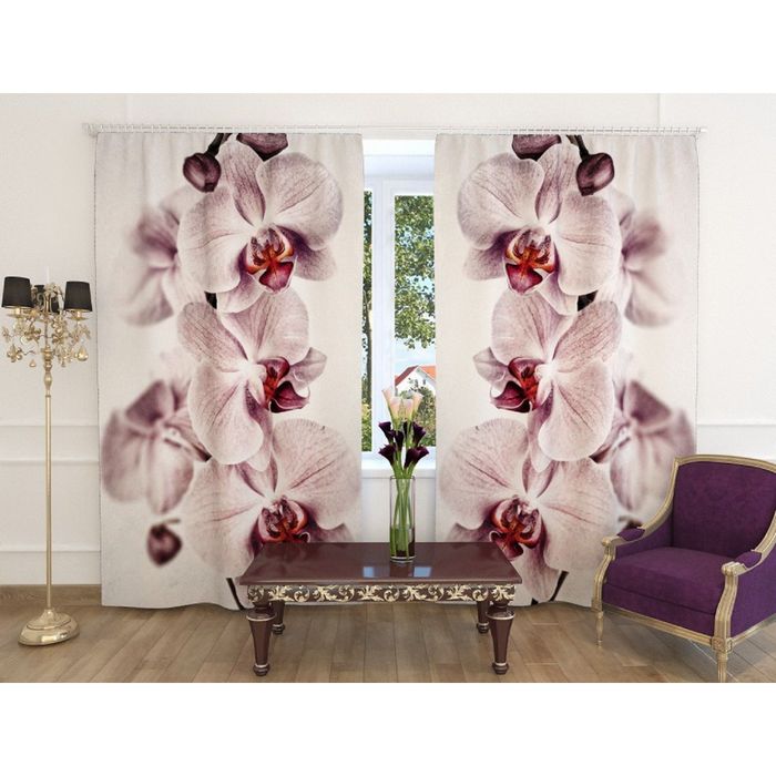 Фотошторы "Бежевые цветы", ширина 150 см, высота 260 см, 2 шт, шторная лента, блэкаут