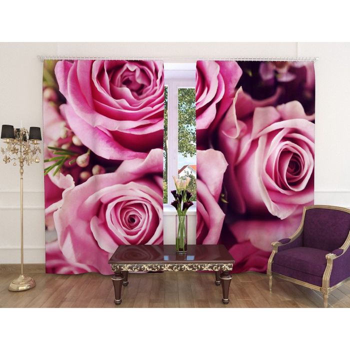 Фотошторы "Бутоны", ширина 150 см, высота 260 см, 2 шт, шторная лента, блэкаут