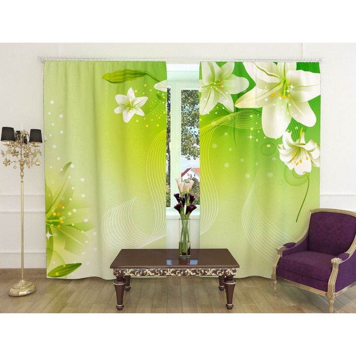 Фотошторы "Лилии", ширина 150 см, высота 260 см, 2 шт, шторная лента, блэкаут