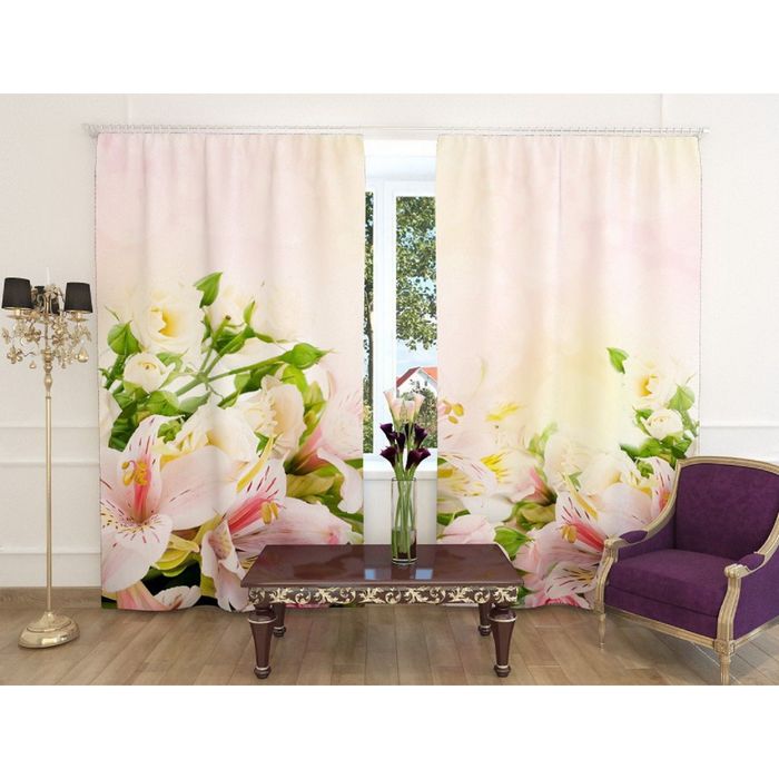 Фотошторы "Нежная лилия", ширина 150 см, высота 260 см, 2 шт, шторная лента, блэкаут