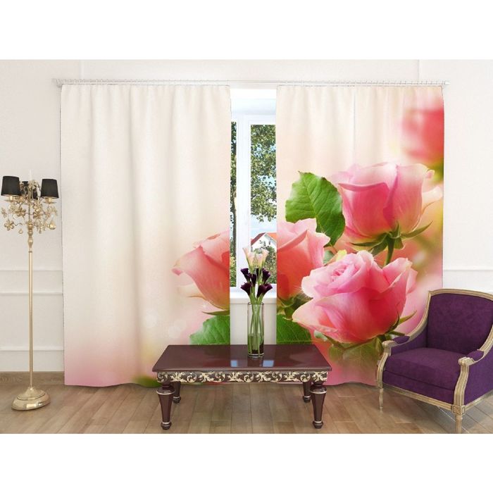 Фотошторы "Нежность", ширина 150 см, высота 260 см, 2 шт, шторная лента, блэкаут