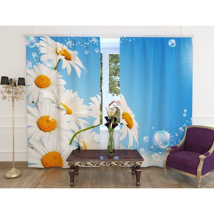 Фотошторы "Ромашковая свежесть", ширина 150 см, высота 260 см, 2 шт, шторная лента, блэкаут 168544