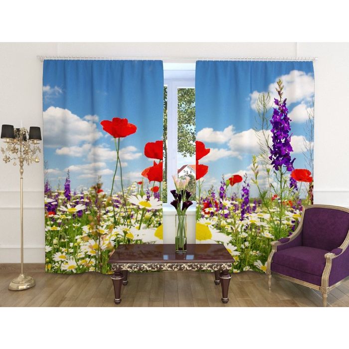 Фотошторы "Ромашковое лето", ширина 150 см, высота 260 см, 2 шт, шторная лента, блэкаут