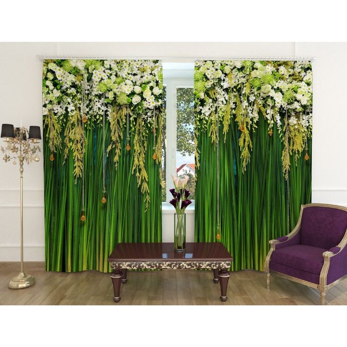 Фотошторы "Салатовая осока", ширина 150 см, высота 260 см, 2 шт, шторная лента, блэкаут
