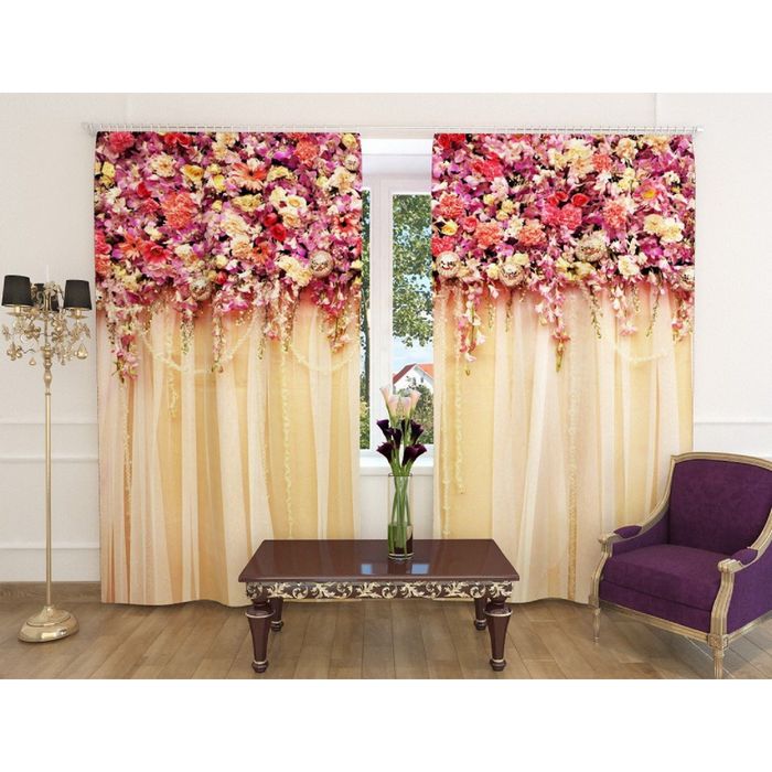 Фотошторы "Цветочный верх 11", ширина 150 см, высота 260 см, 2 шт, шторная лента, габардин