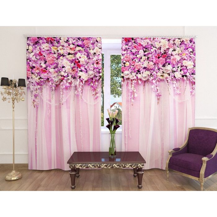 Фотошторы "Цветочный верх 12", ширина 150 см, высота 260 см, 2 шт, шторная лента, блэкаут