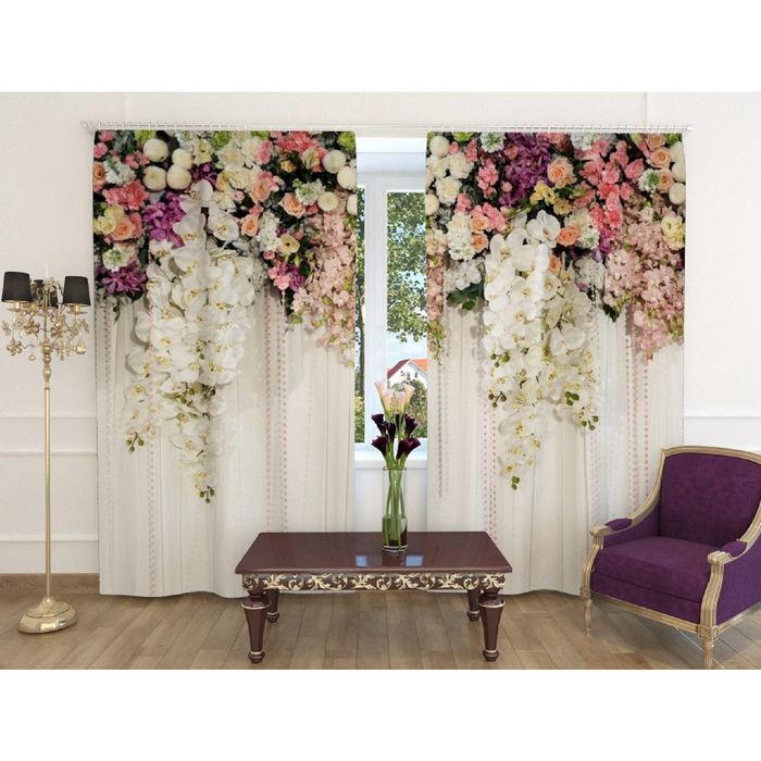 Фотошторы "Цветочный верх 6", ширина 150 см, высота 260 см, 2 шт, шторная лента, блэкаут