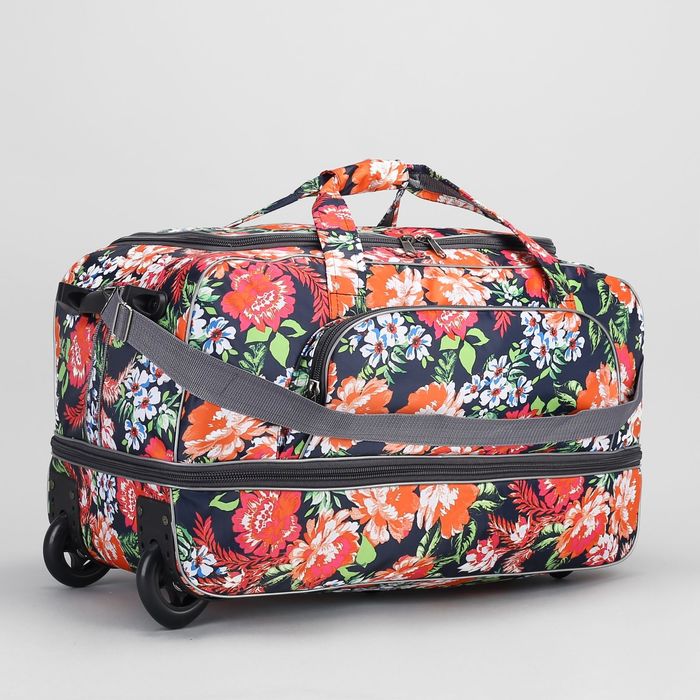 Сумка дорожная на колёсах "Цветы", 1 отдел с расширением, 1 наружный карман, цвет оранжевый/синий