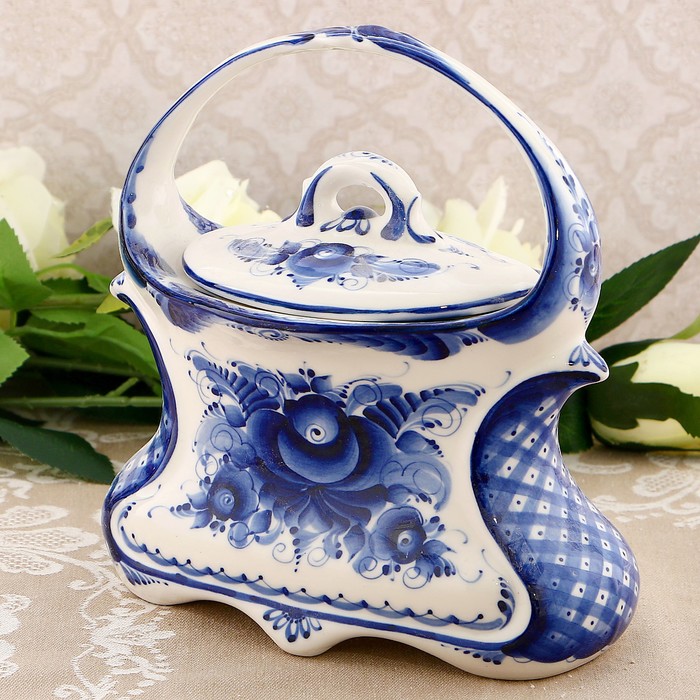 Сахарница «Тюльпан», гжель, кобальт, автор Исаев