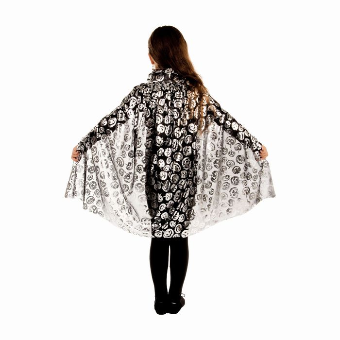 Карнавальный плащ "Тыквы", серебро на чёрном, прямой низ и воротник, длина 73 см