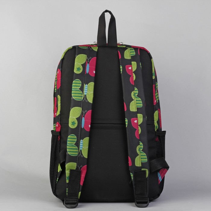 Рюкзак молодёжный на молнии "Бабочки", 1 отдел, 2 наружных и 2 боковых кармана, чёрный