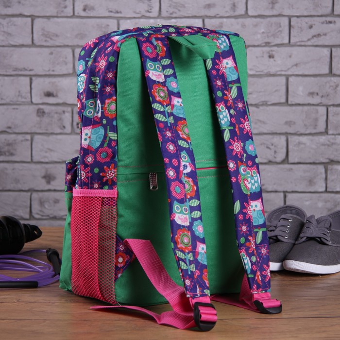 Рюкзак молодёжный на молнии "Совы", 1 отдел, 2 наружных и 2 боковых кармана, зелёный