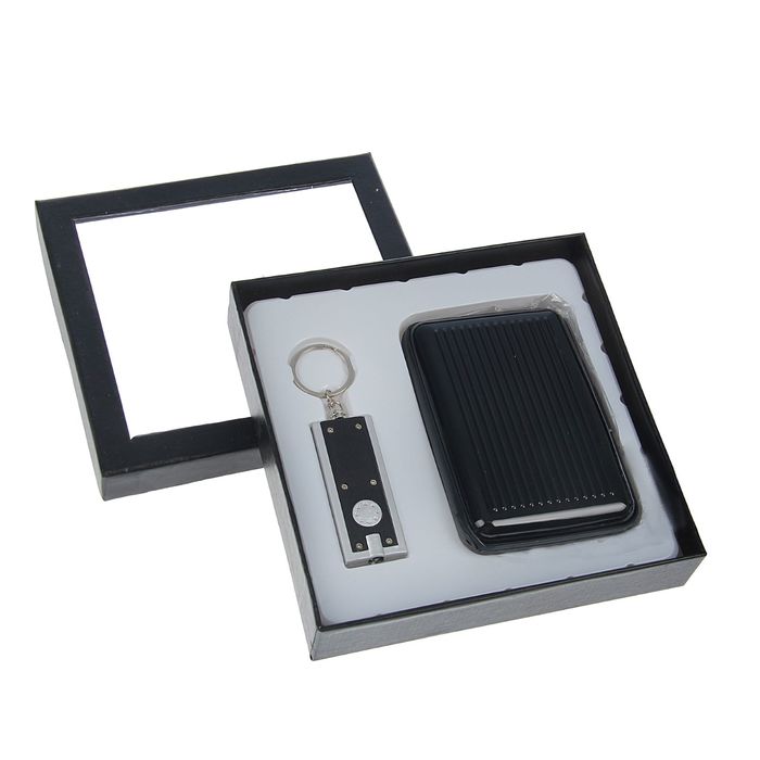 набор подарочный 2в1 в карт.коробке (визитница+брелок фонарик прямоугольный) черный 15,5*16см