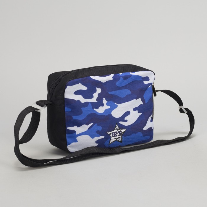 Сумка молодёжная на молнии "Милитари", 2 отдела, регулируемый ремень, чёрный/синий