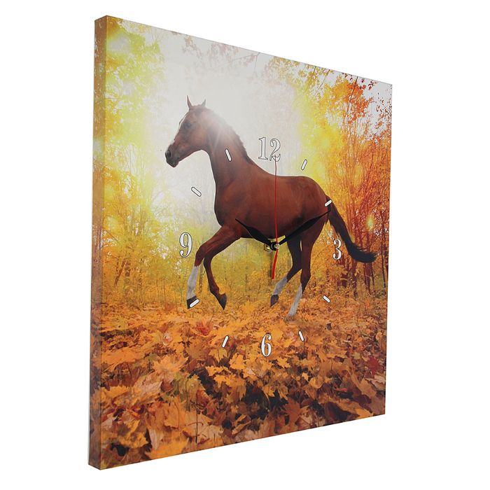 Часы настенные на холсте "Конь в осеннем лесу", 40х40 см