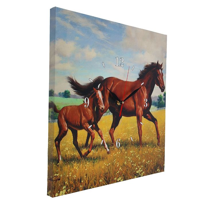Часы настенные на холсте "Конь и жеребенок", 40х40 см