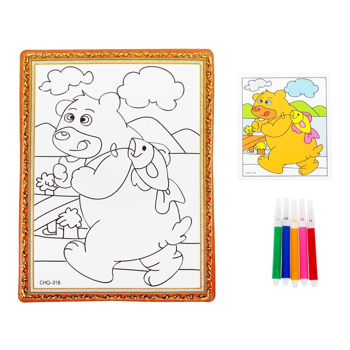 Раскраска объемная "Мишка с рыбкой" из пластика с 5 фломастерами