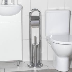 Ёршик для унитаза с подставкой напольный, 22×22×83 см, с держателем для туалетной бумаги, цвет хром Ош