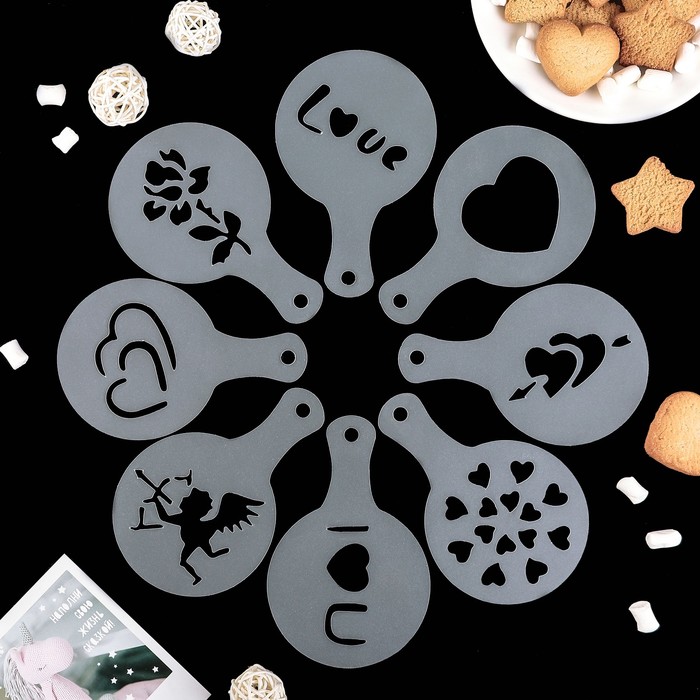 Трафарет кулинарный для украшения выпечки и кофе d=9 см (набор 8 шт)