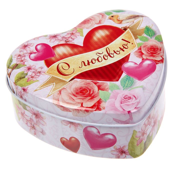 Жестяная шкатулка в форме сердца "С любовью!", 12 х 11 х 4,5 см