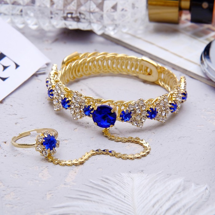 Браслет со стразами слейв "1000 и 1 ночь" бант, цвет синий в золоте