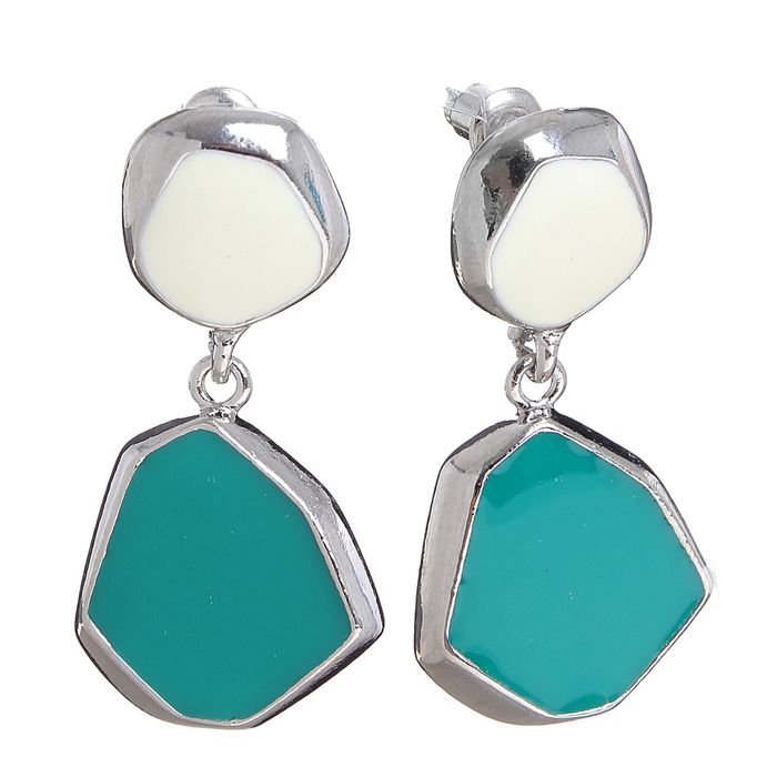 Серьги эмаль "Пастель" многогранник, цвет молочно-мятный в серебре