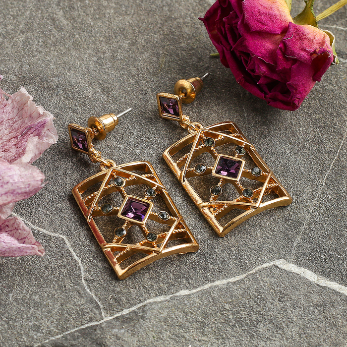 Серьги со стразами "Роскошь граней" прямоугольник, цвет фиолетово-серый в золоте