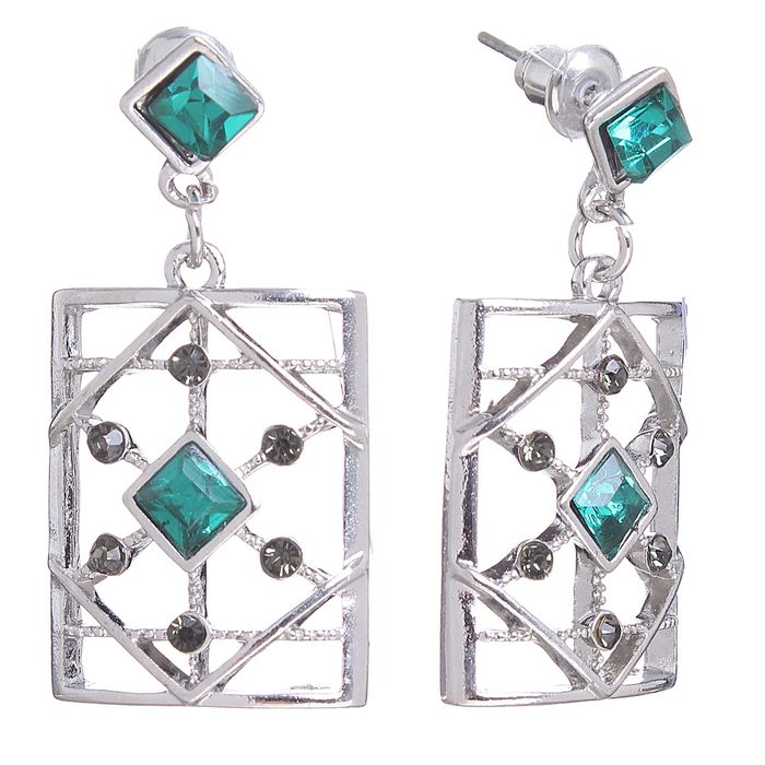 Серьги со стразами "Роскошь граней" прямоугольник, цвет зелено-белый в