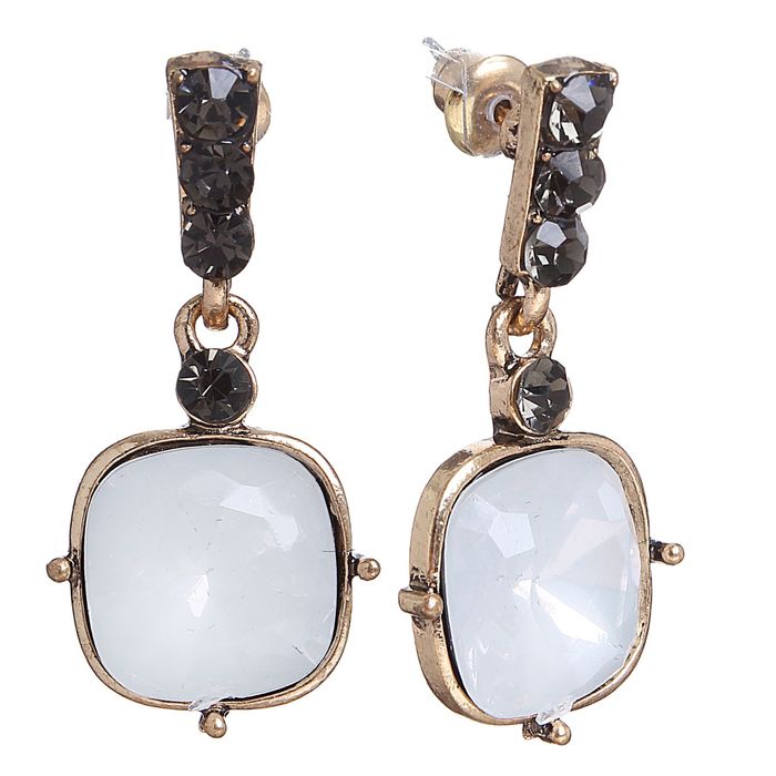 Серьги со стразами "Лунный блик" квадрат, цвет белый в черненом