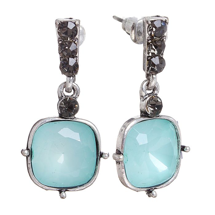 Серьги со стразами "Лунный блик" квадрат, цвет голубой в черненом