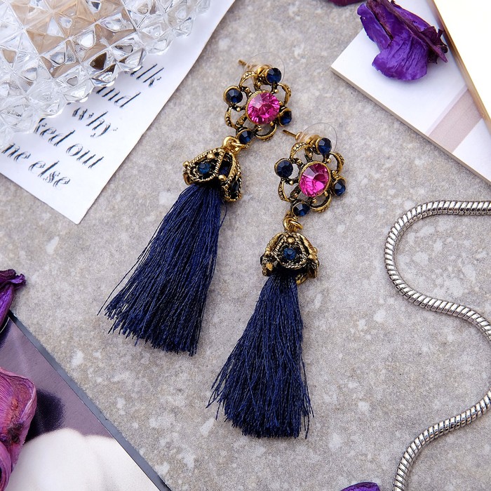 Серьги ассорти "Кисти" восточный цветок, цвет сине-розовый в чернёном золоте