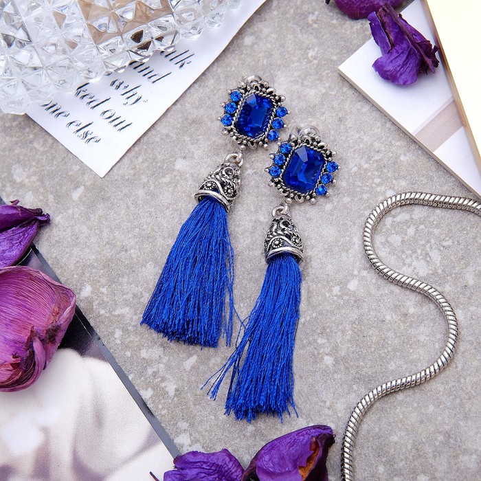 Серьги ассорти "Кисти" прямоугольник, цвет ярко-синий в черненом золоте