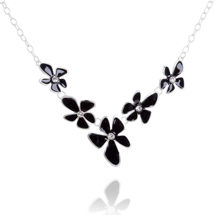 Колье "Цветочная полянка", цвет черно-белый в серебре