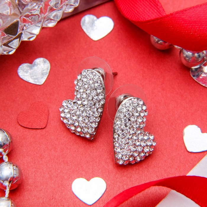 Серьги со стразами "Сердце" малое, цвет белый в серебре