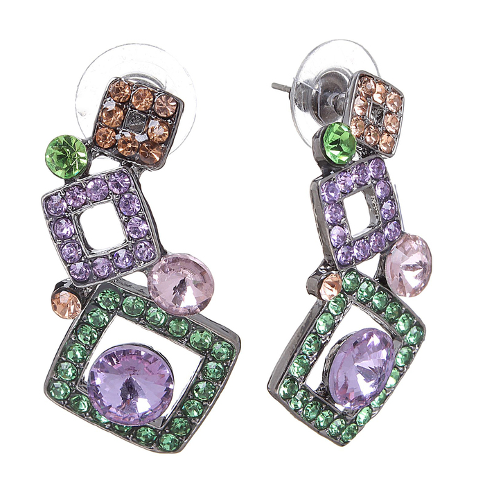 Серьги со стразами "Пирамида" квадраты, цветной в сером