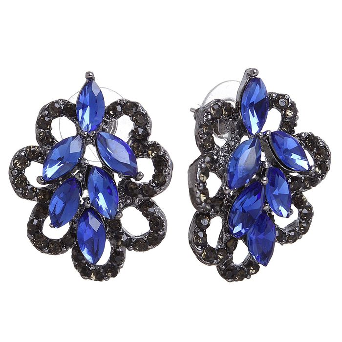 Серьги со стразами "Каменный цветок", цвет сине-серый