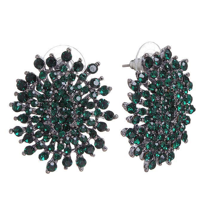 Серьги со стразами "Каменный цветок" круг, цвет изумрудно-серый