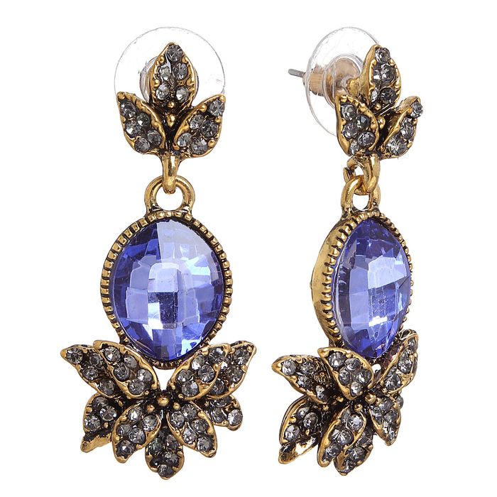 Серьги со стразами "Овал" в листочках, цвет синий в черненом