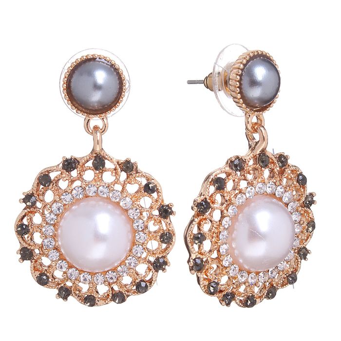 Серьги с жемчугом "Ажур" круг, цвет бело-серый в золоте