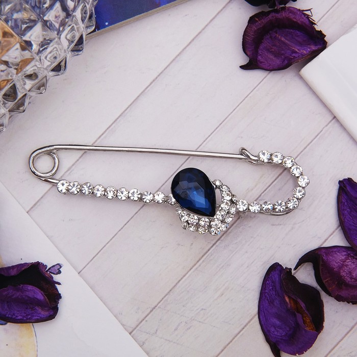Булавка "Капля в стразах", 7,5 см, цвет синий в серебре