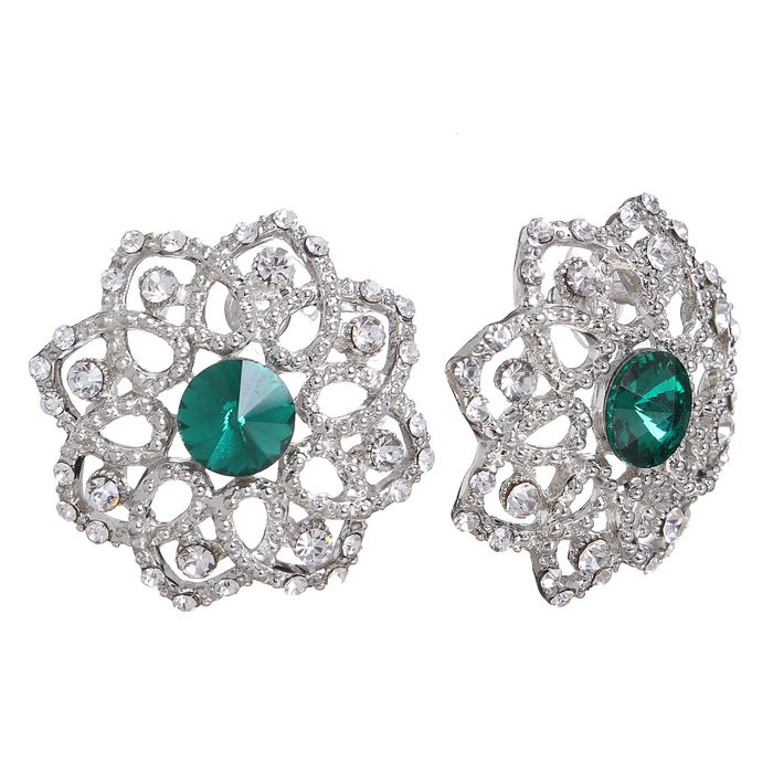 Серьги со стразами "Страсть " снежинка, цвет изумрудный в серебре