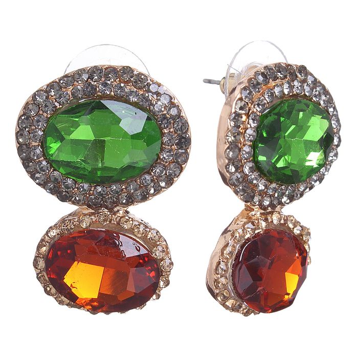 Серьги со стразами "Овалы", цвет зелёно-коричневый в сером металле