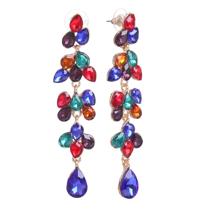 Серьги висячие со стразами "Листопад" капля, цветной в золоте
