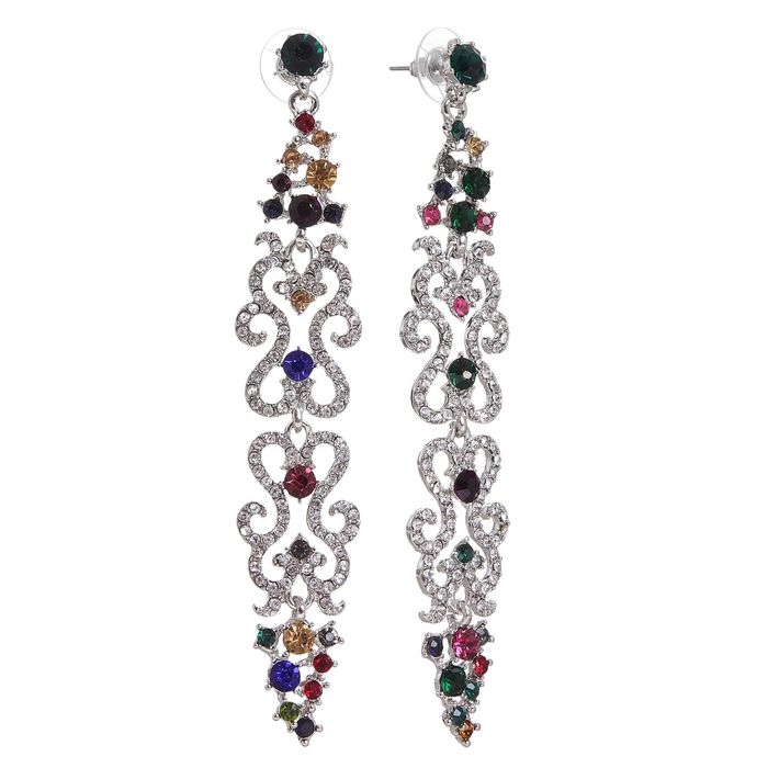 Серьги висячие со стразами "Цветение" завитки, цветной в серебре