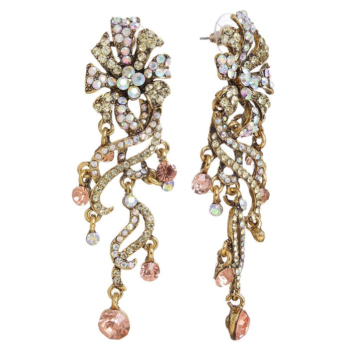 Серьги висячие со стразами "Огненный цветок", цветной в черненом золоте