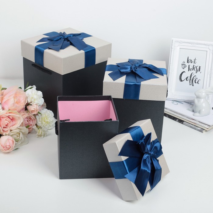 Набор коробок 3в1 "Блестящие", чёрный, 19,5 х 19,5 х 20,5 - 14,5 х 14,5 х 16,5 см