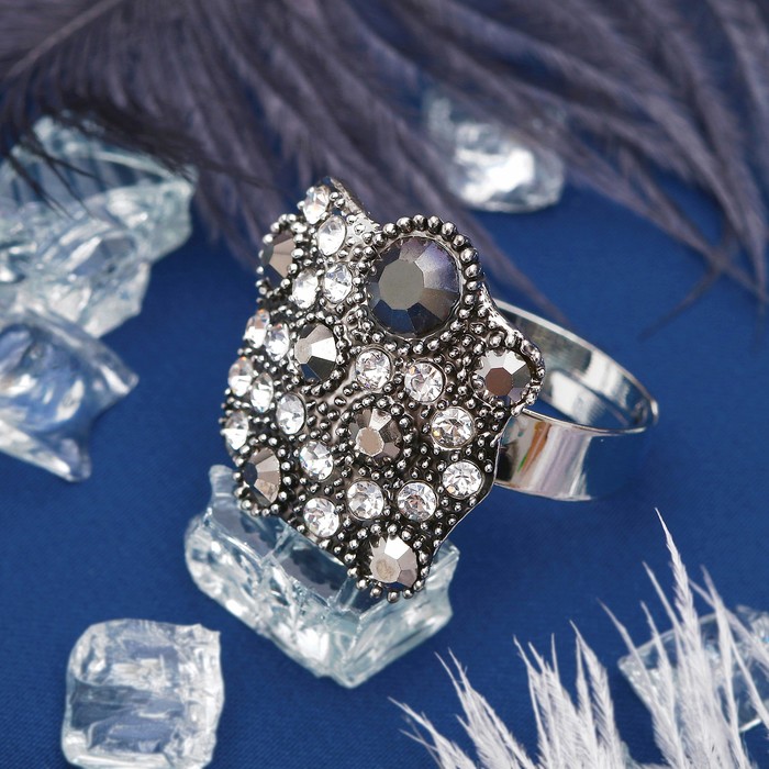 Кольцо "Абстракция" на пластине, цвет черный в чернёном серебре, безразмерное