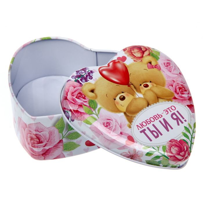 Жестяная шкатулка в форме сердца "Любовь - это ты и я!", 12 х 11 х 4,5 см