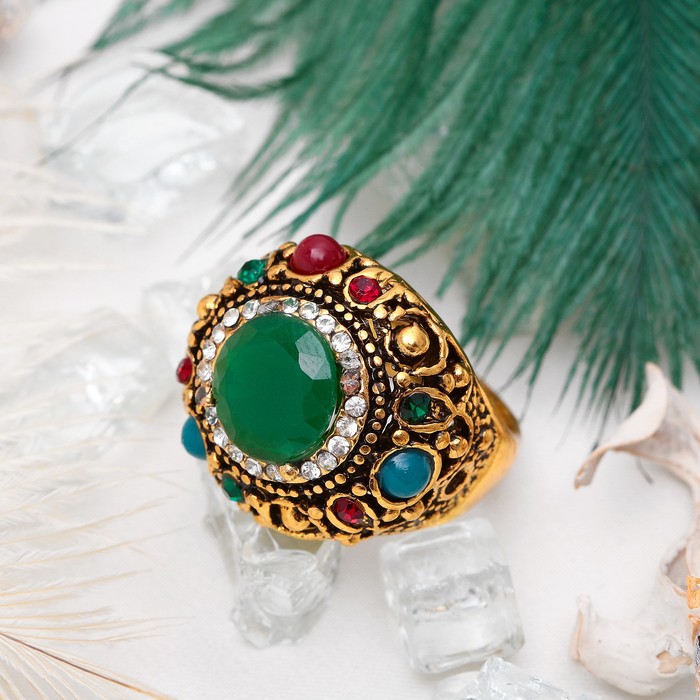 Кольцо "Царское" круг, цветное в чернёном золоте, размер 17,18,19 микс